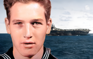 USS Bunker Hill (CV-17) at sea + Military portrait of Paul Newman