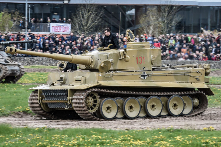 Tiger 131 driving around the track at the Tank Museum's arena