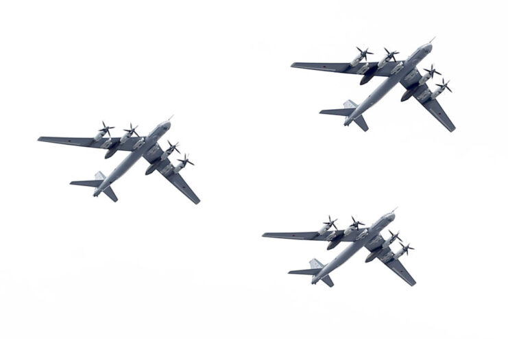 Three Tupolev Tu-95MS bombers in flight