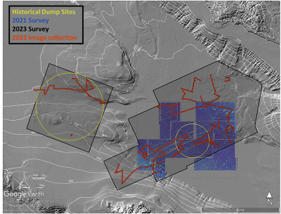 Map showing the sites of the 2021 and both 2023 underwater surveys