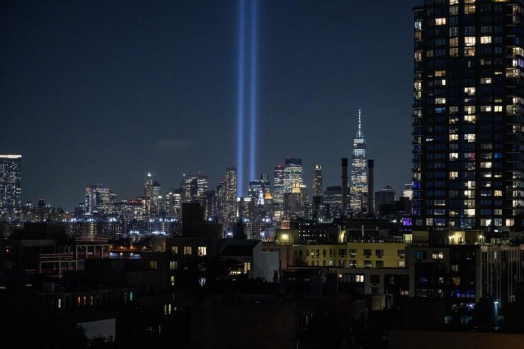 Lights rising into the sky of New York City