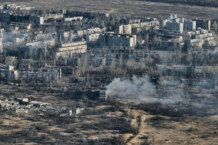 Aerial view of the remains of the city of Avidiivka