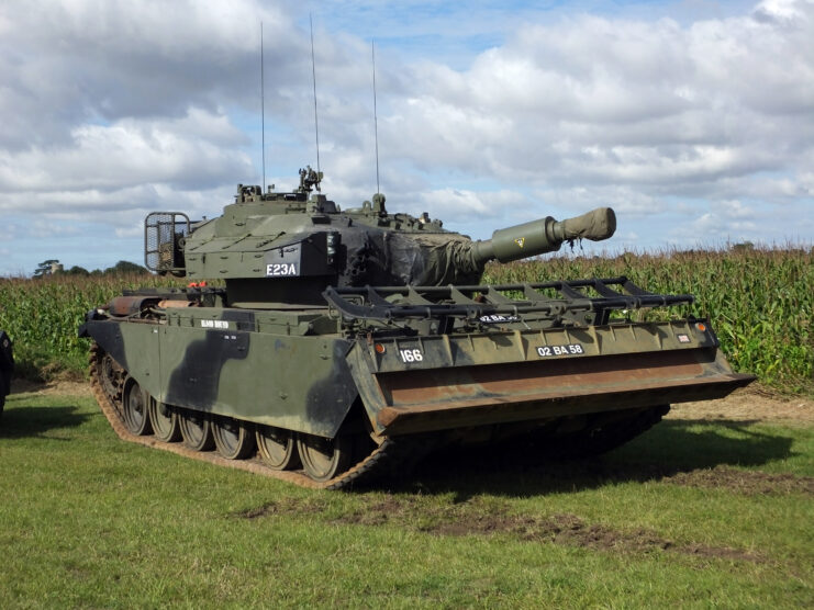 Centurion FV4003 AVRE parked next to a cornfield