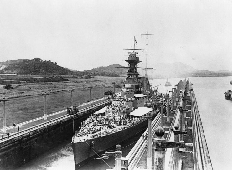 HMS Hood (51) in a lock at the Panama Canal