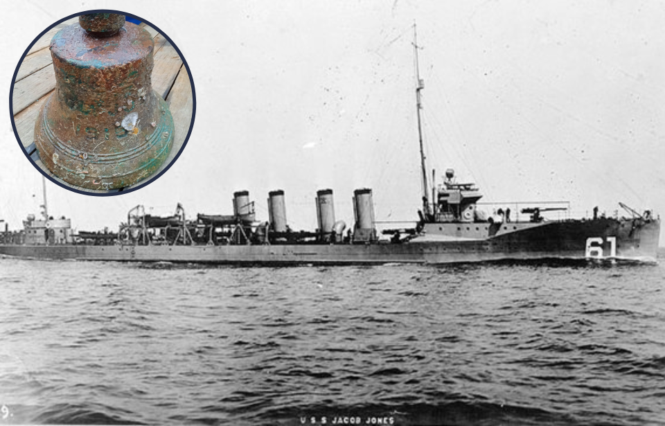 USS Jacob Jones (DD-61) at sea + Rusty ship bell placed on a wooden deck