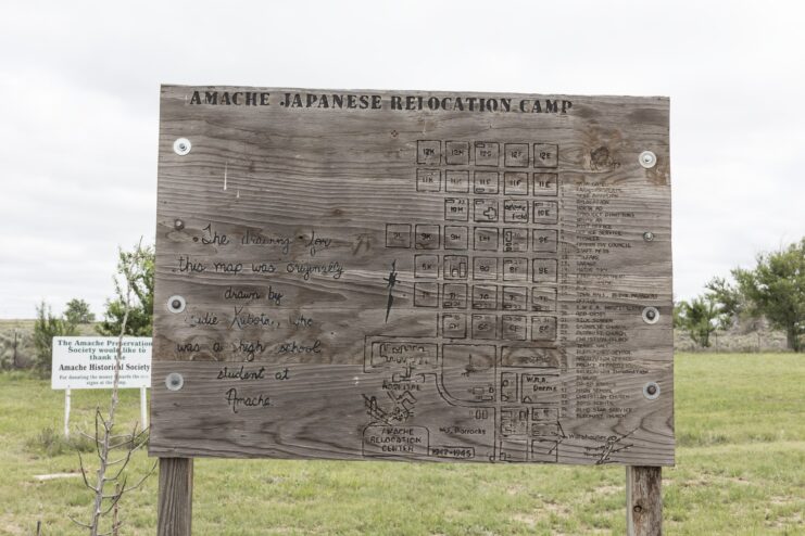 Wooden sign featuring the layout of the Granada Relocation Center