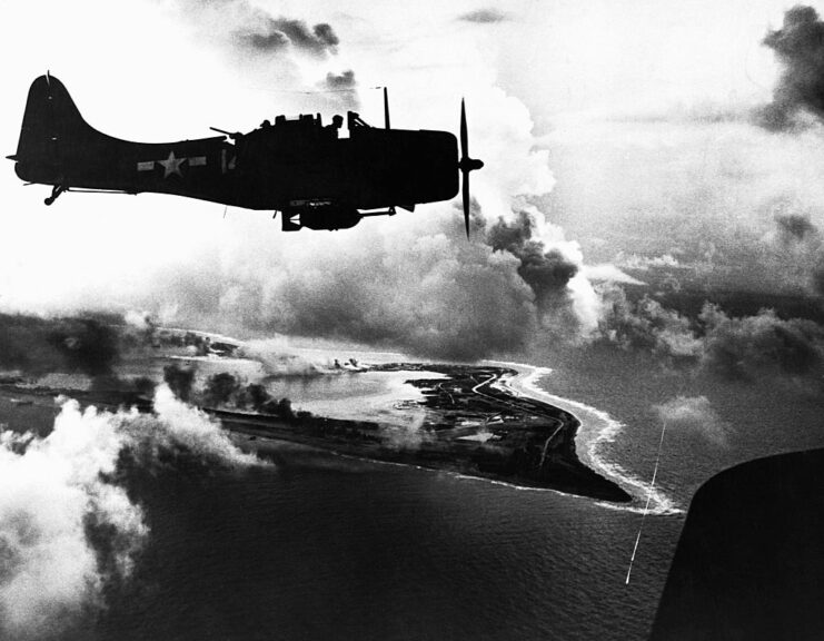 Douglas SBD Dauntless in flight over Wake Island