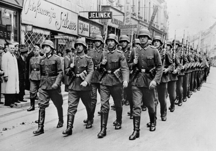 German soldiers walking down a street