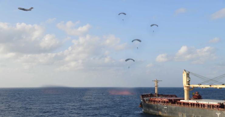 MARCOS operators parachuting from a Boeing C-17 Globemaster III