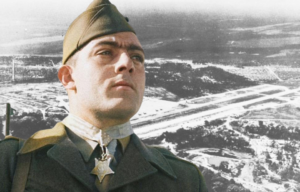 John Basilone standing in his US Marine Corps uniform + Aerial view of Henderson Field