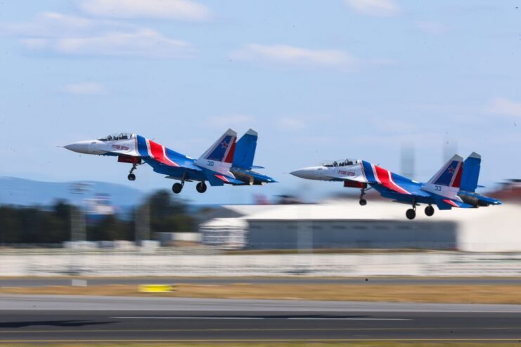 Two Sukhoi Su-30s taking off
