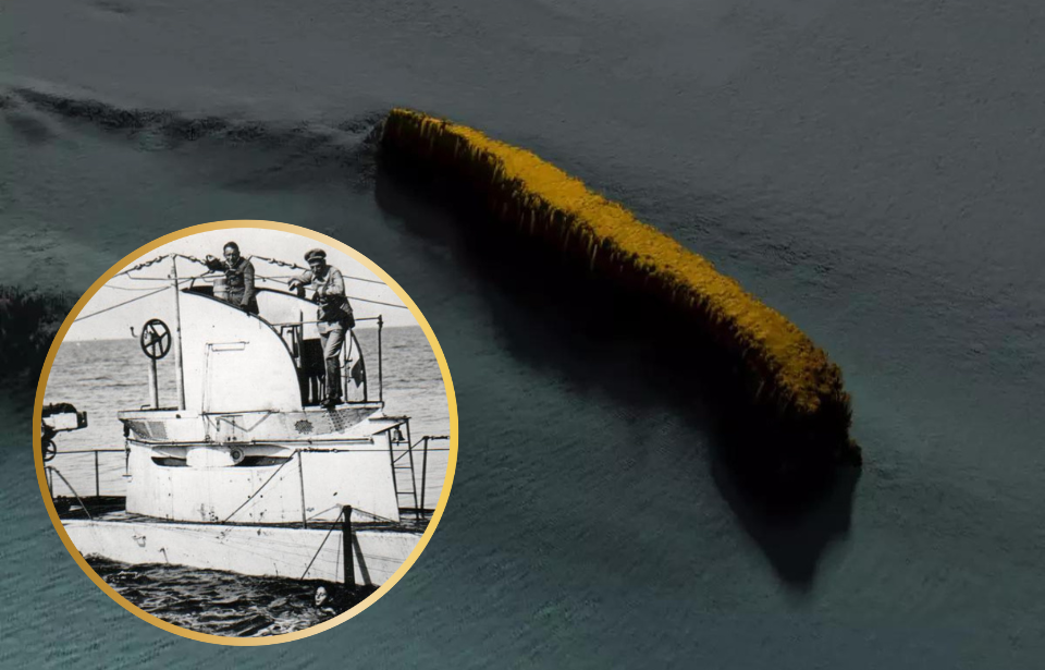 Sonar image of the wreck of the SS Hartdale + Two crewmen standing atop the SM U-27 at sea