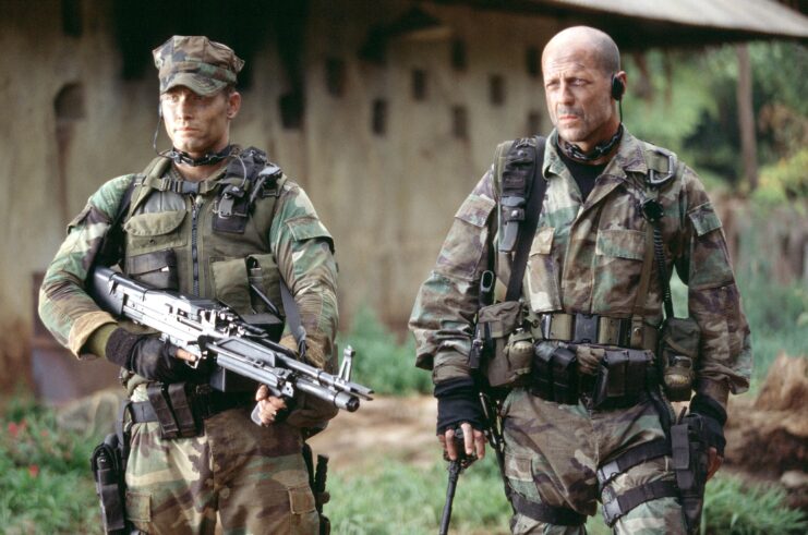 Cole Hauser and Bruce Willis as James "Red" Atkins and Lt. A.K. Waters in 'Tears of the Sun'