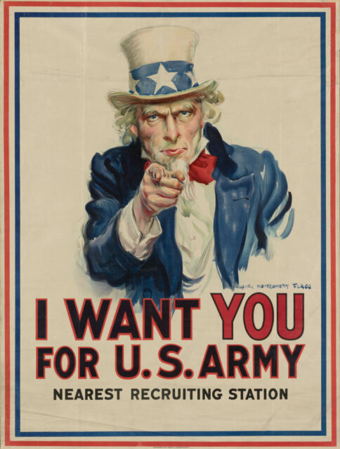 Poster featuring an illustration of Uncle Sam and the text, "I WANT YOU FOR U.S. ARMY NEAREST RECRUITING STATION"