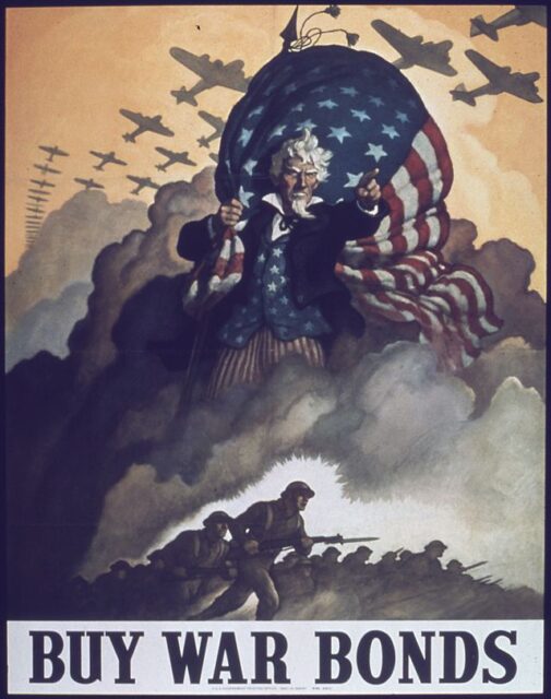 Poster of Uncle Sam standing with the American flag and the text, "BUY WAR BONDS"