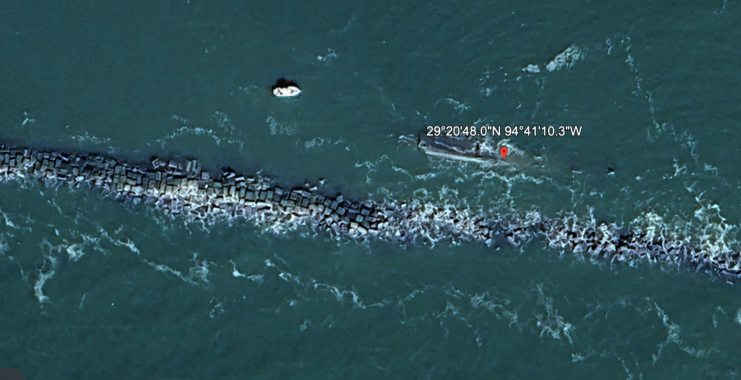 Aerial view of the wreck of Durham in the water