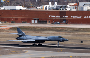 Rockwell B-1B Lancer 'Lancelot' taxiing down a runway at Tinker Air Force Base, Oklahoma