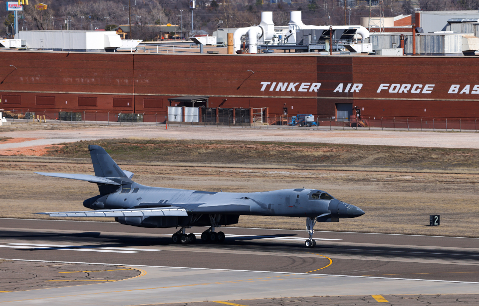 Rockwell B-1B Lancer 'Lancelot' taxiing down a runway at Tinker Air Force Base, Oklahoma