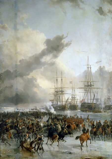 Painting of the Battle of Texel, showing French cavalrymen riding toward Dutch warships in the ice