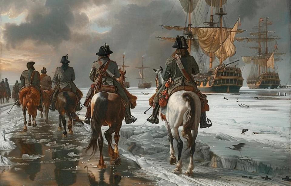 AI rendering of French cavalrymen on horseback crossing the ice toward a fleet of Dutch warships
