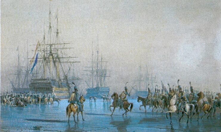 Painting of the Battle of Texel, showing French cavalrymen riding on horseback across the ice toward Dutch warships