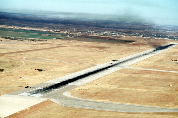 Lockheed C-130 Hercules flying over the runway at Dyess Air Force Base, Texas