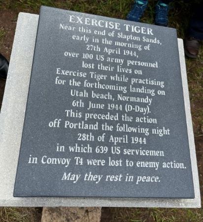 Close-up of the plaque on the Exercise Tiger memorial