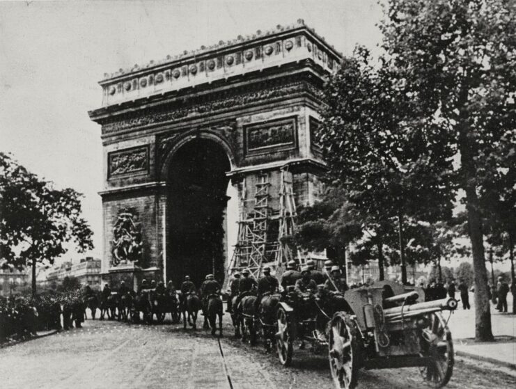 German troops marching toward the Arc de Triomphe