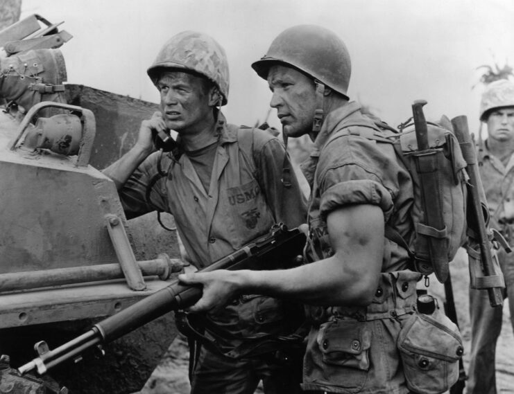 Richard Widmark, Neville Brand and Robert Wagner as Lt. Carl A. Anderson, Sgt. Zelenko and Pvt. Coffman in 'Halls of Montezuma'