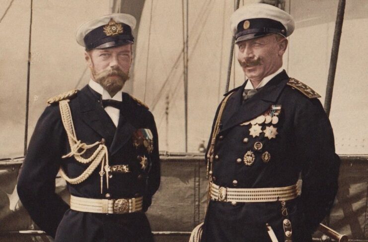 Tsar Nicholas II and Kaiser Wilhelm standing on a ship
