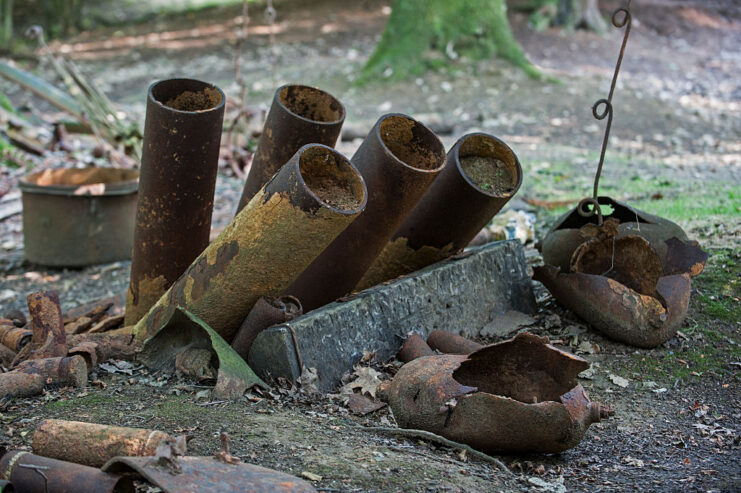 Rusted remains of Livens projectors on the ground