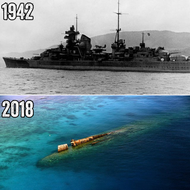 Comparison photo with two images of the Prinz Eugen, one of the ship leaving port and the other of the wreck beneath the water's surface