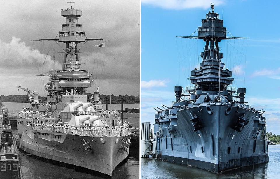 Comparison photo featuring two images of the USS Texas (BB-35), one showing the ship in the Panama Canal and the other of her docked as a museum ship