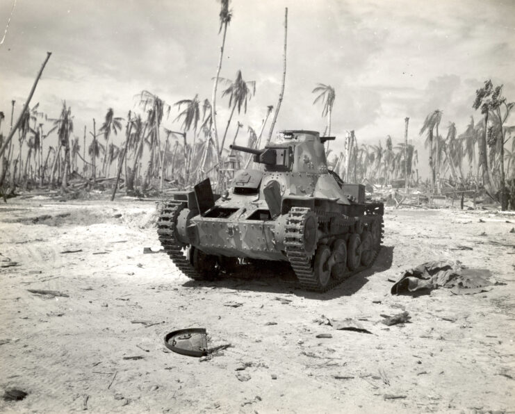 Type 95 Ha-Go tank parked in the middle of a beach on Betio island