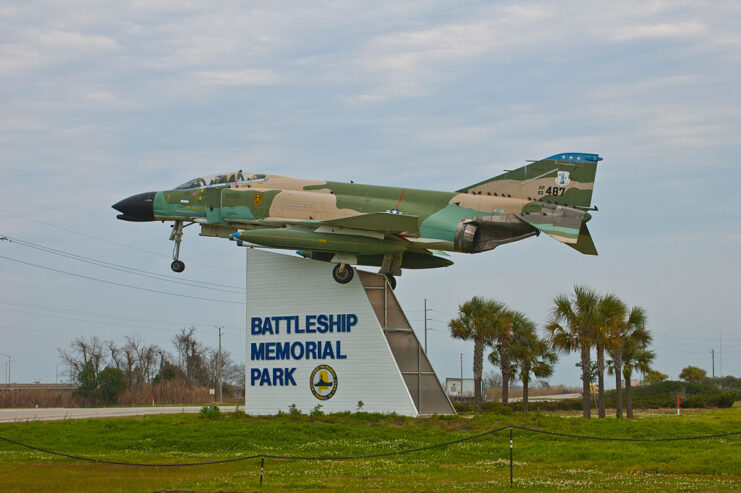 Entrance to the USS Alabama Battleship Memorial Park on a cloudy day