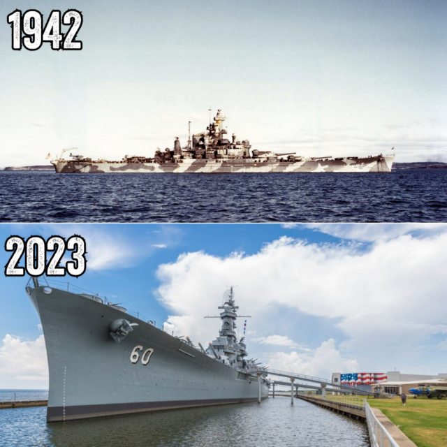 Comparison photo with two images of the USS Alabama (BB-60), one of the vessel at sea and the other of her docked as a museum ship