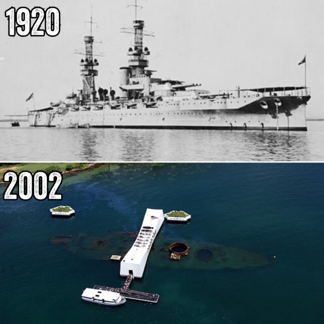 Comparison photo with two images of the USS Arizona (BB-39), one of the battleship at sea and the other of the vessel sunk beneath the USS Arizona Memorial