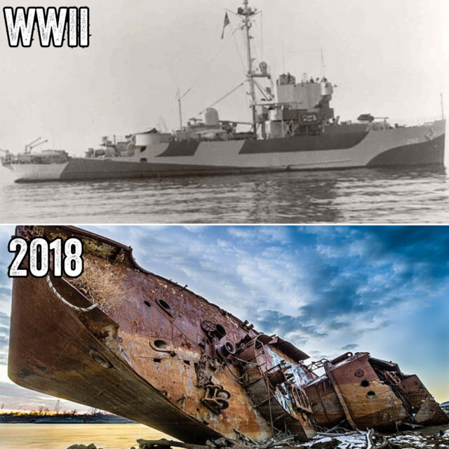 Comparison photo of the USS Inaugural (AM-242) that's made up of two images, one of the ship leaving port and the other of the vessel's wreck poking out of the water, along the coast