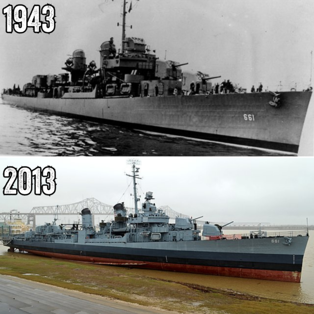 Comparison photo of the USS Kidd (DD-661) made up of two images, one of the ship at sea and the other of the vessel docked as a museum ship