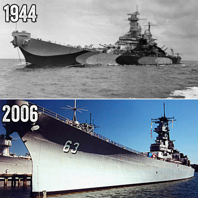 Comparison photo with two images of the USS Missouri (BB-63), one of the ship at sea and the other of her at port as a museum ship