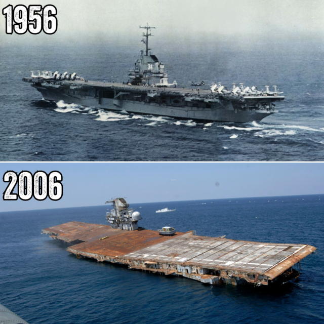 Comparison photo featuring two images of the USS Oriskany (CV-34), one with the ship at sea and the other showing the aircraft carrier partially sunk into the ocean