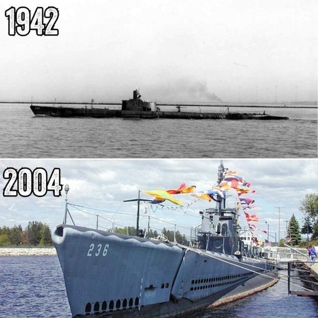 Comparison photo of the USS Silversides (SS-236) made up of two images, one of the submarine at sea and the other of the vessel docked as a museum ship