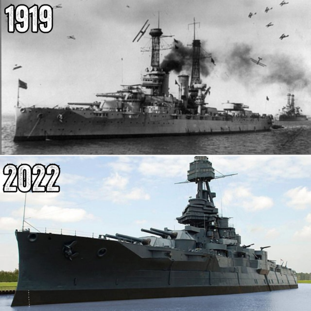 Comparison photo of the USS Texas (BB-35), with one showing the battleship at sea and the other of her docked as a museum ship