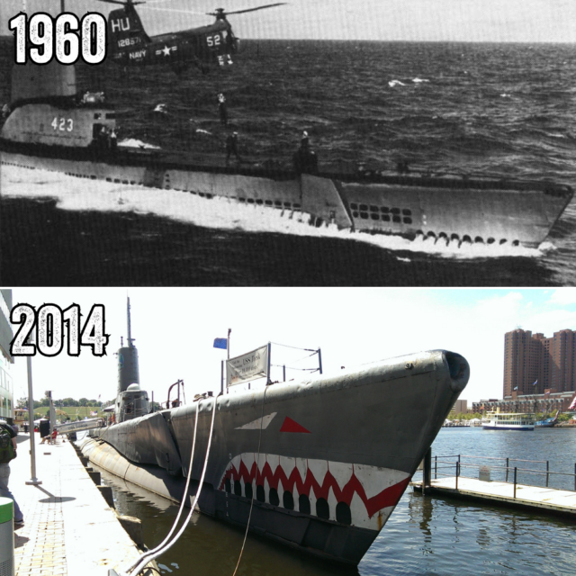 Comparison photo with two images of the USS Torsk (SS-423), one showing the submarine at sea and the other of her docked as a museum ship