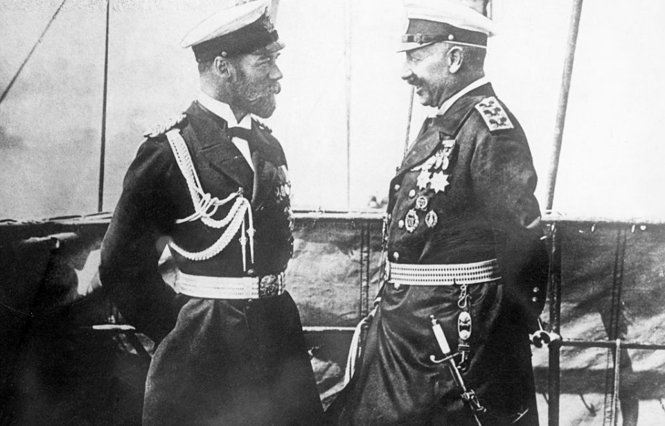 Tsar Nicholas II and Kaiser Wilhelm standing together on a ship