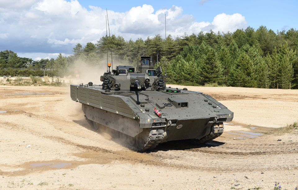 Ajax armored fighting vehicle (AFV) on a dirt course