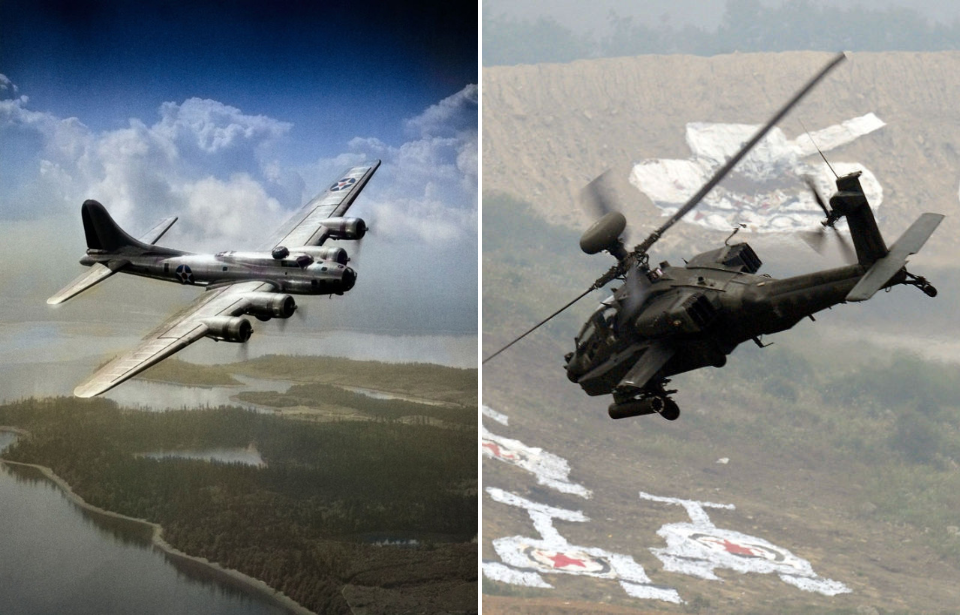 Boeing B-17 Flying Fortress in flight + Boeing AH-64 Apache in flight