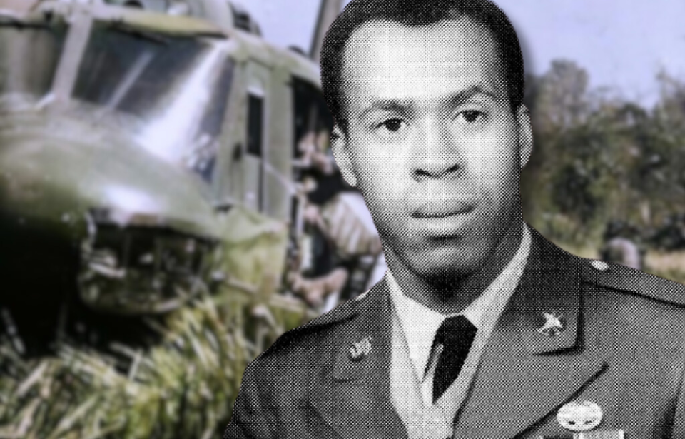 US Army soldiers jumping into tall grass from a helicopter + Military portrait of Clarence Sasser