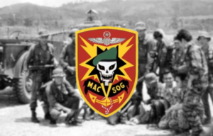 MACV-SOG operatives standing together outside + Unofficial emblem of MACV-SOG