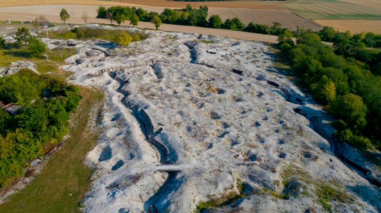 Aerial view of the craters and trenches at Le Main de Massiges